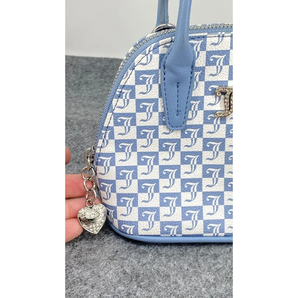 Juicy Couture Blue White Checkered Monogram Mini Dome Satchel Purse Rhinestone